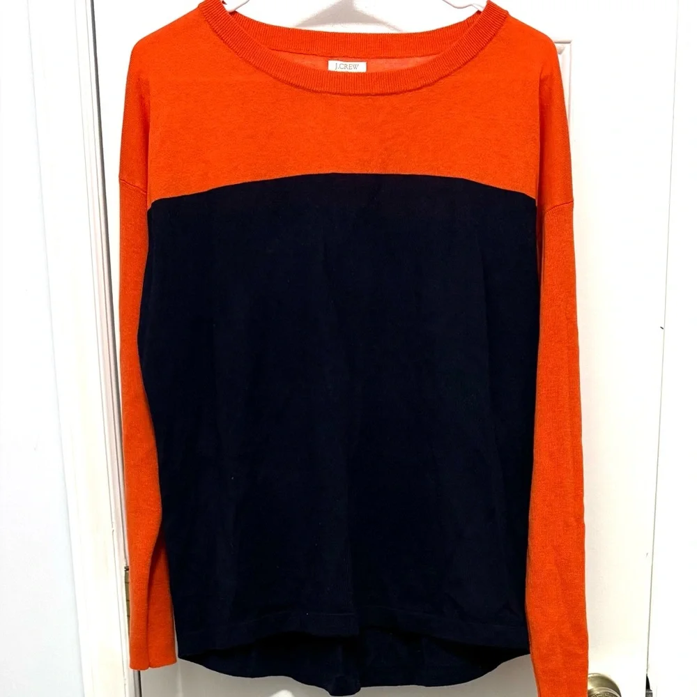 J. Crew Color-block Orange/Navy Merino Wool Crewneck Sweater M